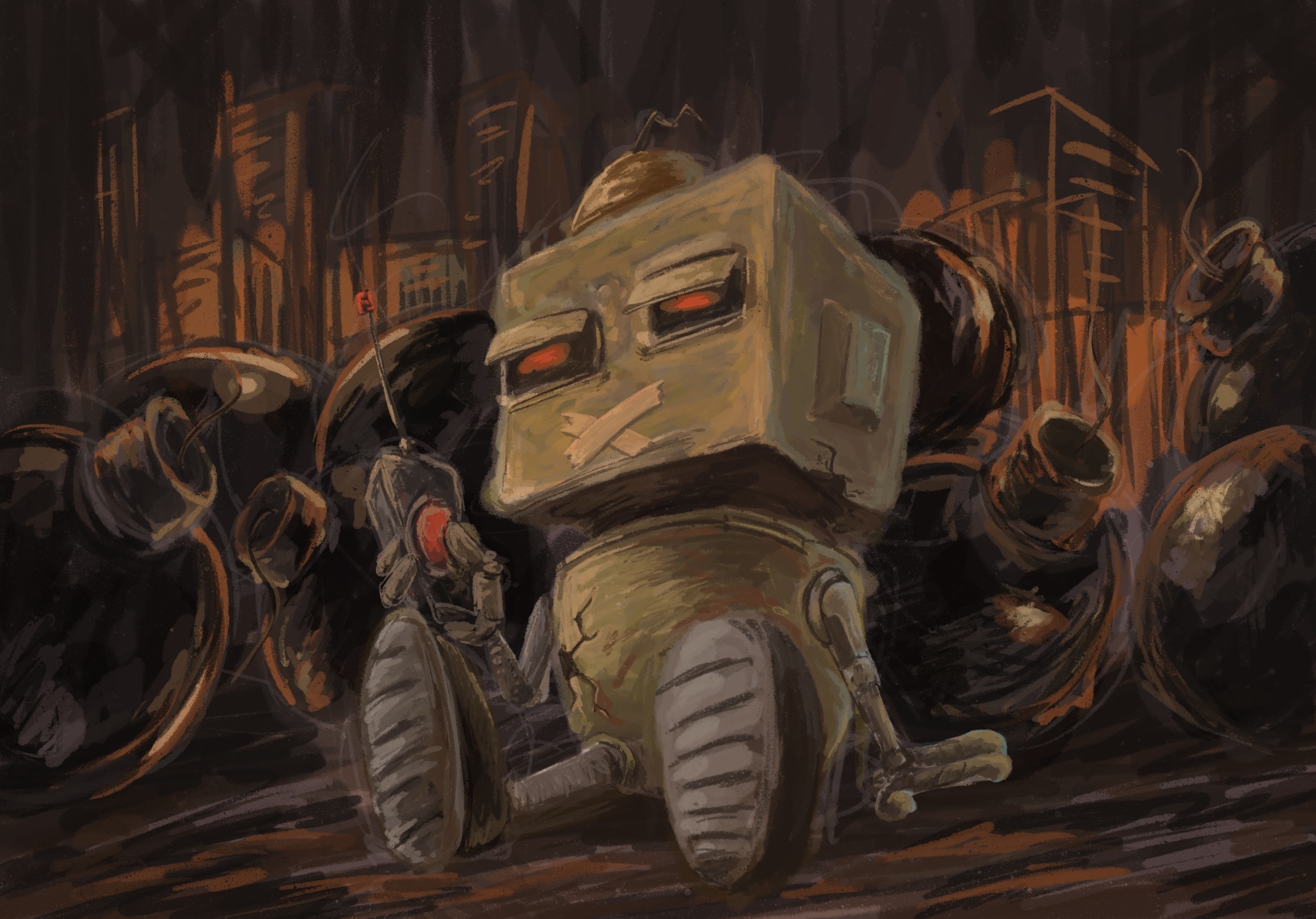 a robot sitting infront of bunch of bombs
